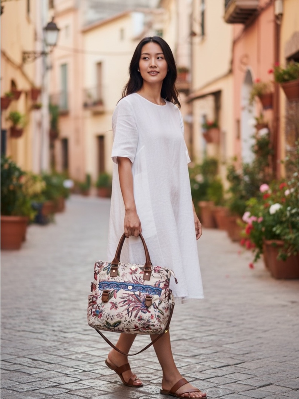 Desigual Boho Floral Pattern Canvas Satchel Tote Bag - Picture 4 of 5